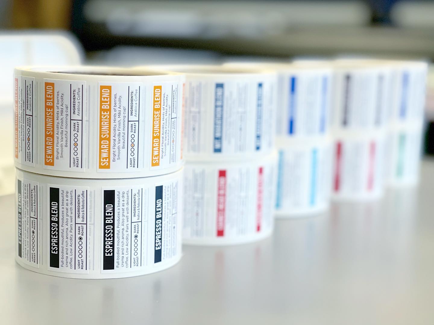 Rolls of labels on a table
