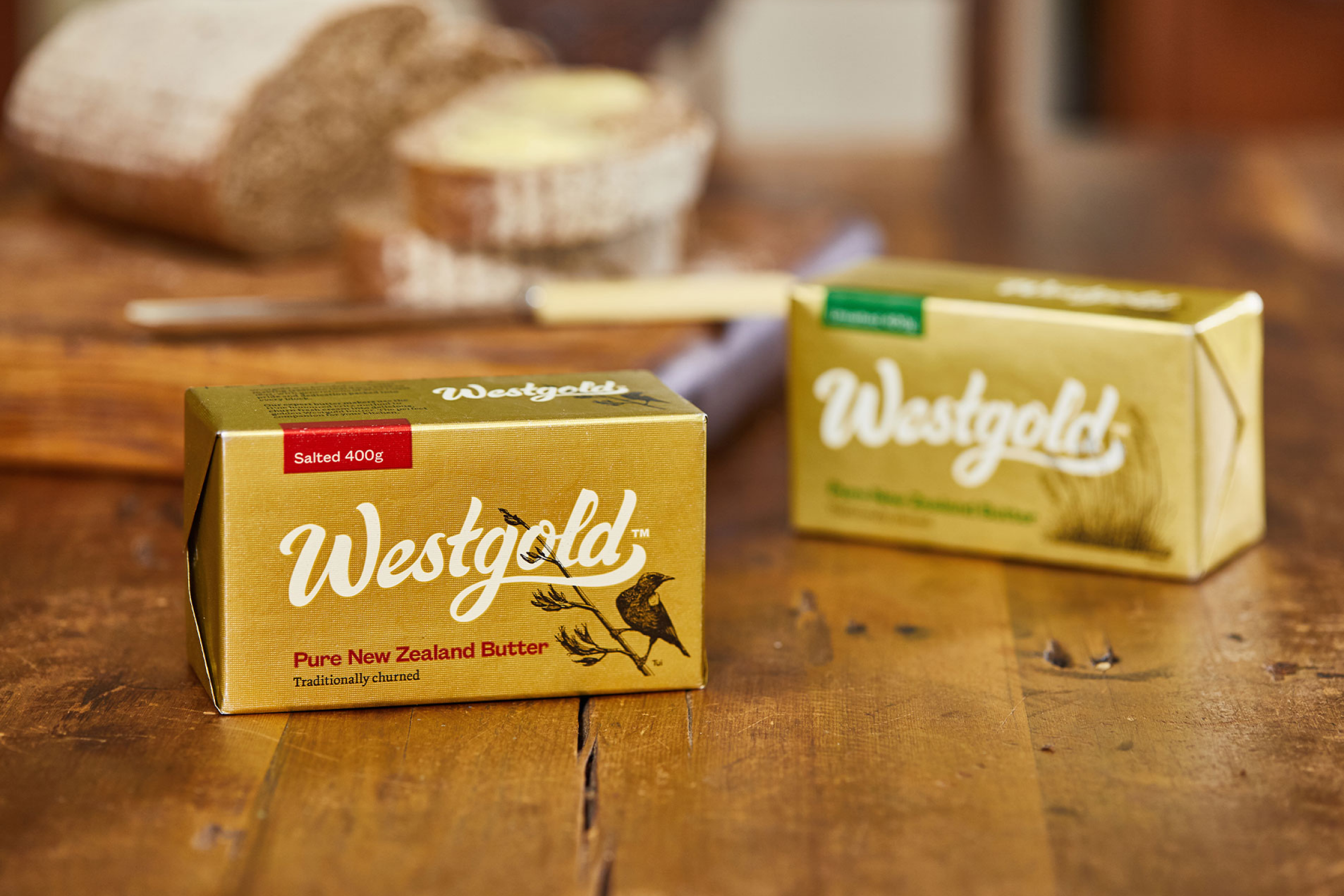 Westgold butter packaging on wooden table